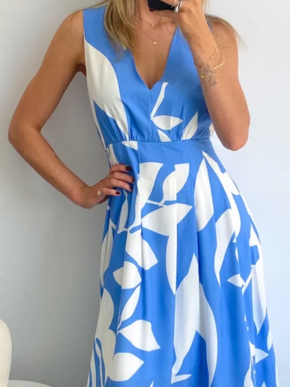 SHEIN Blue and White Abstract Floral A Line Midi Dress Size S